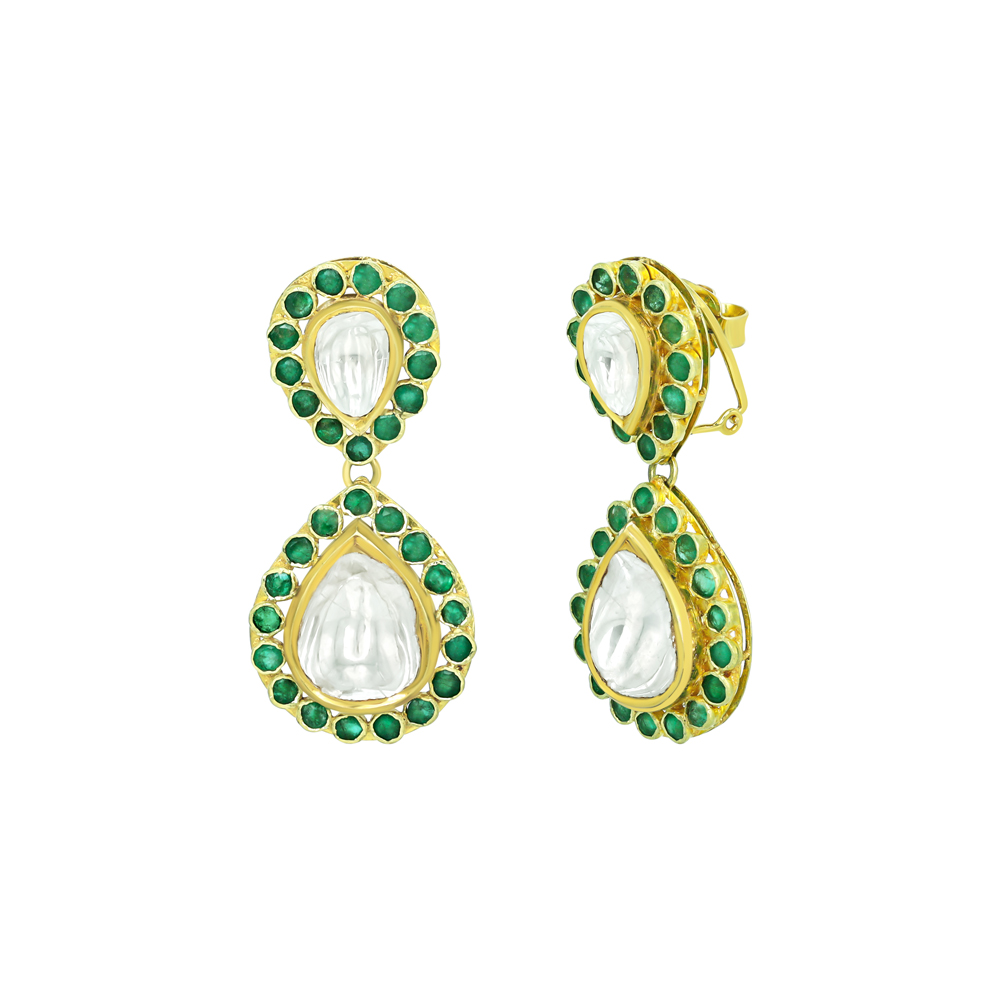 Polki Teardrop Earrings with Emerald Colour Full-Cut Stones